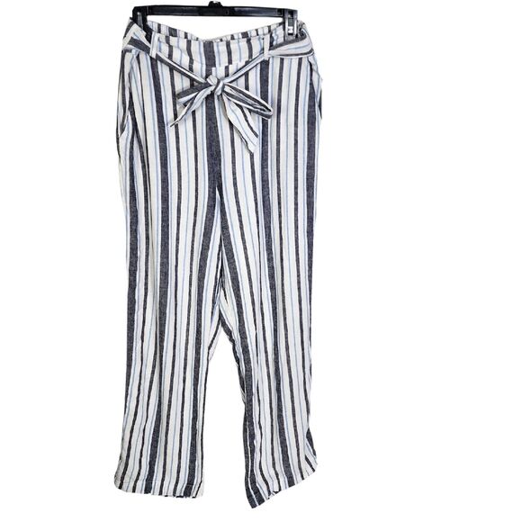 Land N Sea Womens Pants Large Linen Blend Pull On Drawstring Blue Striped Wide - Picture 1 of 11
